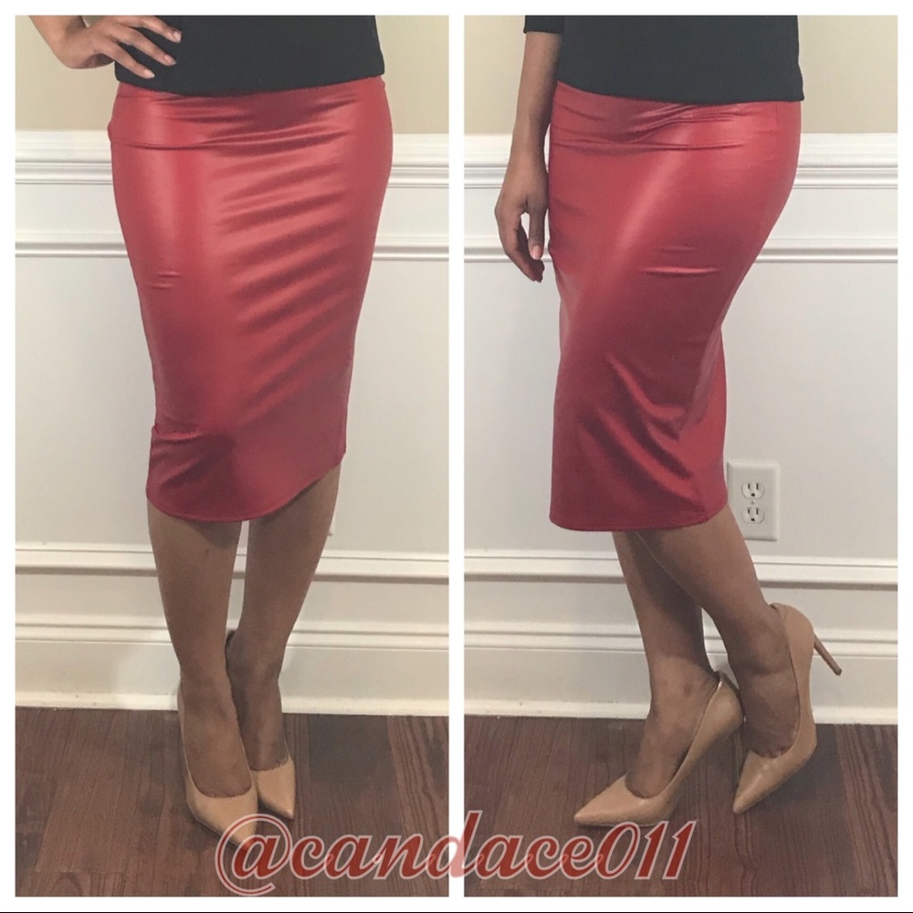Red Stretch “Leather” Pencil Skirt - Picture 2 of 3
